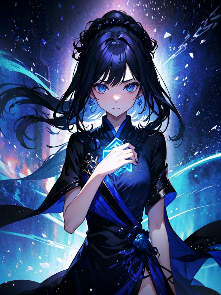 25-year-old girl、Rune background、black magician、Wearing a black robe、mesmerize、cute woman、Elegant hairstyle、indigo hair color、Slightly shorter hair、blue eyes、look at the viewer、masterpiece、Best image、
