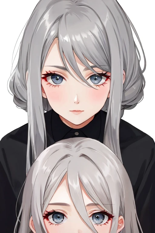 beautiful older woman with long grey hair and dark grey eyes