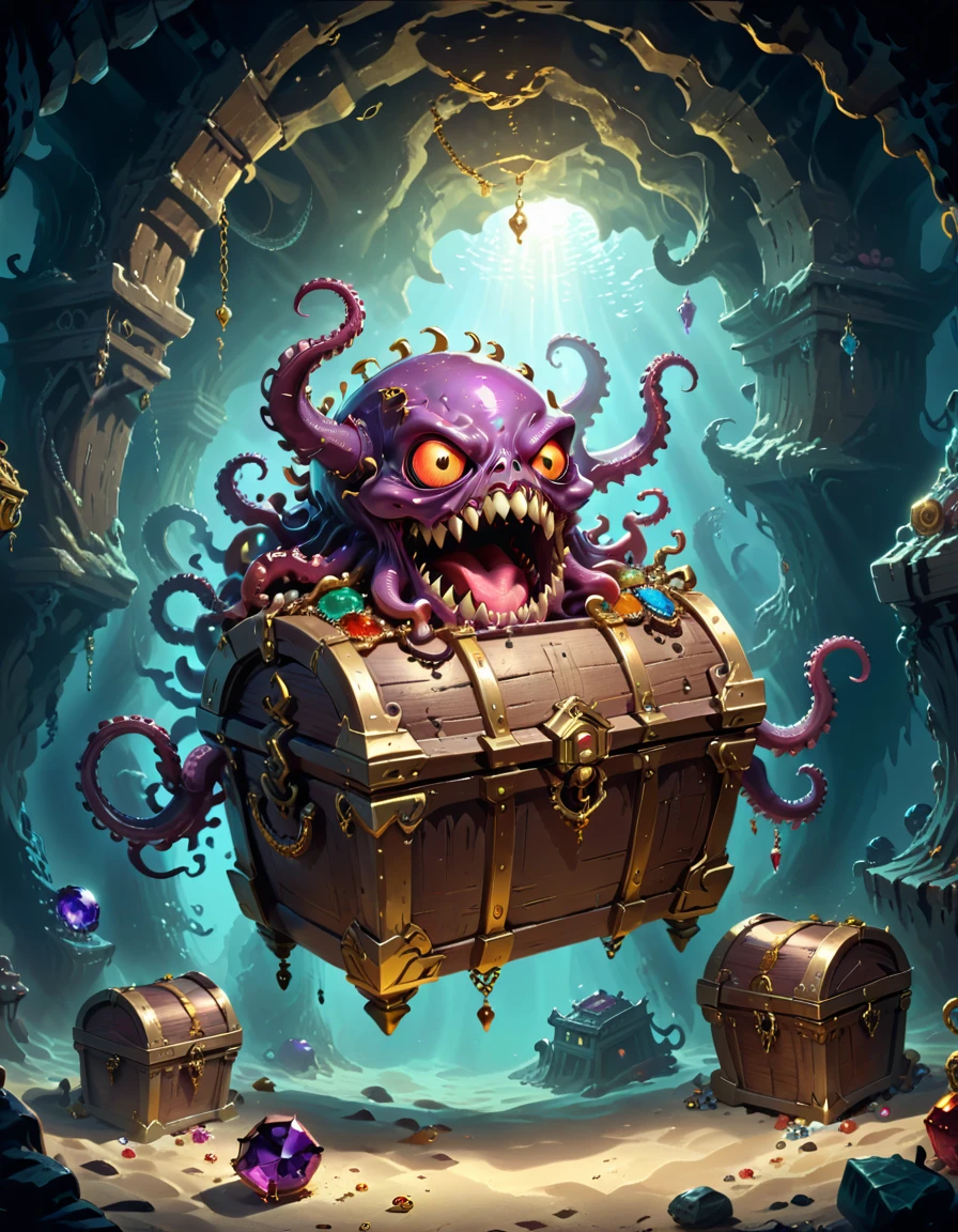 Dungeons，Floating in the air(Monster disguised as a treasure chest), Filled with jewels，1 eyes，One-Eye，Tongue，Tentacles， sharp claws and teeth, Very detailed, Composition, Dramatic shadows, Rich colors, number, Concept Art, The award-winning，Luminescence example，Ray Tracing，Devout worshippers，
