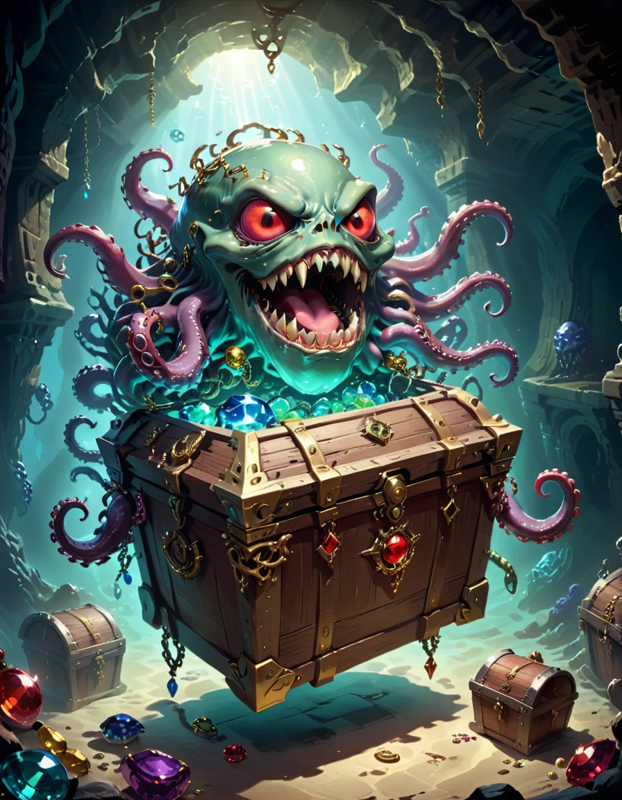 Dungeons，Floating in the air(Monster disguised as a treasure chest), Filled with jewels，1 eyes，One-Eye，Tongue，Tentacles， sharp claws and teeth, Very detailed, Composition, Dramatic shadows, Rich colors, number, Concept Art, The award-winning，Luminescence example，Ray Tracing，Devout worshippers，