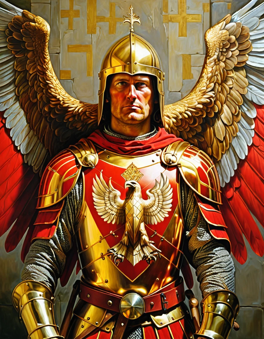 painting of a man in a red and gold armor with a golden eagle on his chest, holy medieval crusader, holy crusader medieval knight, holy crusader medieval, medieval holy crusader knight, portrait of knight, renaissance painting of a knight, portrait of a knight, painting of a knight, by Brian Despain, knight armored in red, knight, andrey remnev, holy crusade, anatomically correct, super detail, best quality, 4K