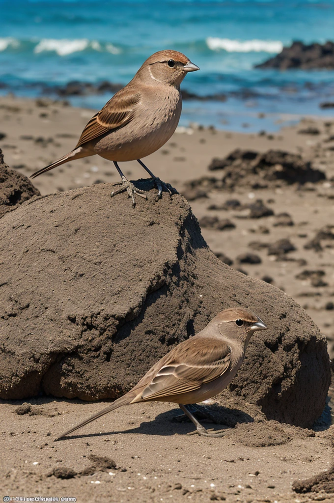 Galapagos dusky finch geospiza Fortis on dahpne island in Galapagos Ecuador in extreme drought time with sea view
