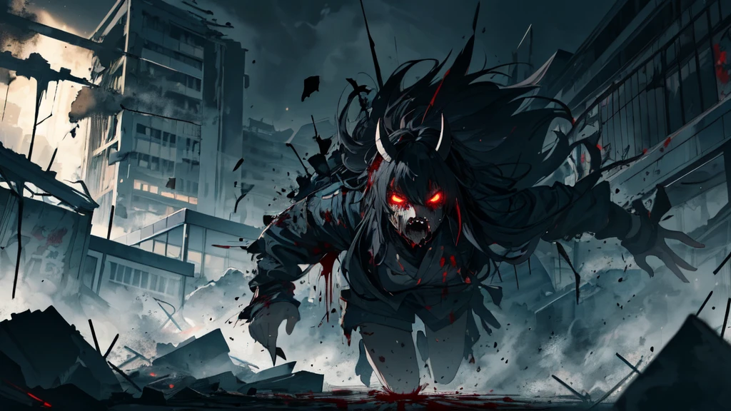 In the eerie dark anime-style illustration, a demon slashes it's razor sharp claws through at the mall security guards, blood splattering as they fall - The scene is set in a destroyed shopping mall store, with blood, black fog, and smoke adding to the chaos. This chilling painting captures the horror and despair of the moment, with vivid details like terrified expressions and frantic movements of the victims. The high-quality image seamlessly blends elements of fear and destruction, immersing viewers in the harrowing narrative of a tragic event unfolding. A dynamic sequence draw art style influenced by japanese artists, niji, black outlines, ultra-detailed, 8k, dramatic lighting, cinematic, highly detailed face, elegant, intricate details, vibrant colors, dramatic shadows, hyper-realistic, masterpiece,