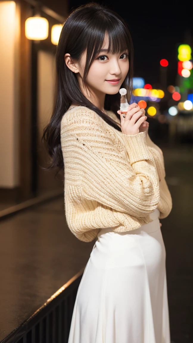 Highest quality、8k wallpaper、Reality:1.4、Photographed by a professional photographer、Cinema Lighting、View your viewers、background:Night City、1 beautiful girl、Japanese Idol、30 years old、Beautifully detailed eyes、Detailed face、Beautiful Skin、Slender、Slim waist、Thin legs、Lip balm、Blonde: 1.8、The light hits her hair and it shines golden、Fancy hairstyle:1.8、Asymmetrical bangs、Knitted sweater 、White long skirt、smile:1.8、Seductive pose