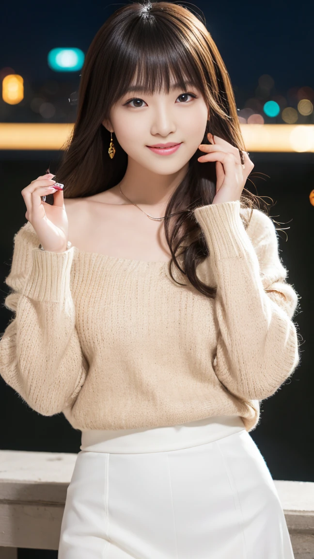Highest quality、8k wallpaper、Reality:1.4、Photographed by a professional photographer、Cinema Lighting、View your viewers、background:Night City、1 beautiful girl、Japanese Idol、30 years old、Beautifully detailed eyes、Detailed face、Beautiful Skin、Slender、Slim waist、Thin legs、Lip balm、Blonde: 1.8、The light hits her hair and it shines golden、Fancy hairstyle:1.8、Asymmetrical bangs、Knitted sweater 、White long skirt、smile:1.8、Seductive pose
