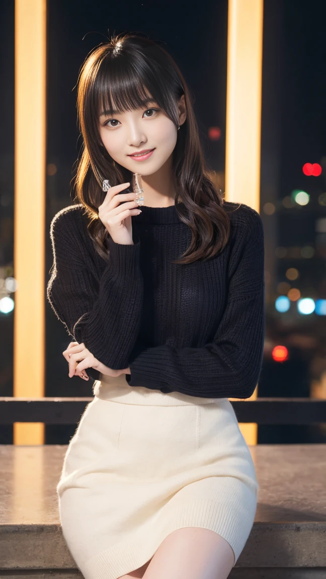 Highest quality、8k wallpaper、Reality:1.4、Photographed by a professional photographer、Cinema Lighting、View your viewers、background:Night City、1 beautiful girl、Japanese Idol、30 years old、Beautifully detailed eyes、Detailed face、Beautiful Skin、Slender、Slim waist、Thin legs、Lip balm、Blonde: 1.8、The light hits her hair and it shines golden、Fancy hairstyle:1.8、Asymmetrical bangs、Knitted sweater 、White long skirt、smile:1.8、Seductive pose