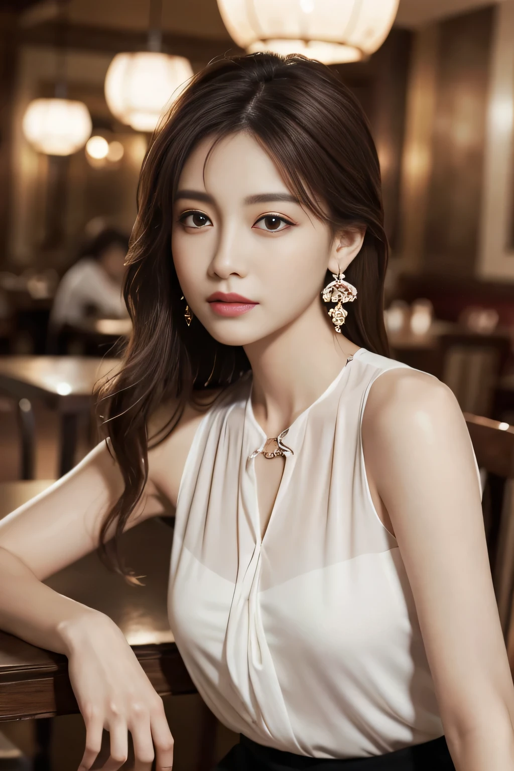 masterpiece, Highest quality, Realistic, Very detailed, Finer details, High resolution, 8k wallpaper, One beautiful woman, Wear an elegant white see-through shirt, In a great restaurant, At night, Light brown messy hair, Perfect dynamic composition, Beautiful and beautiful eyes、Big earrings、Sit on a chair、Sleeveless shirt、