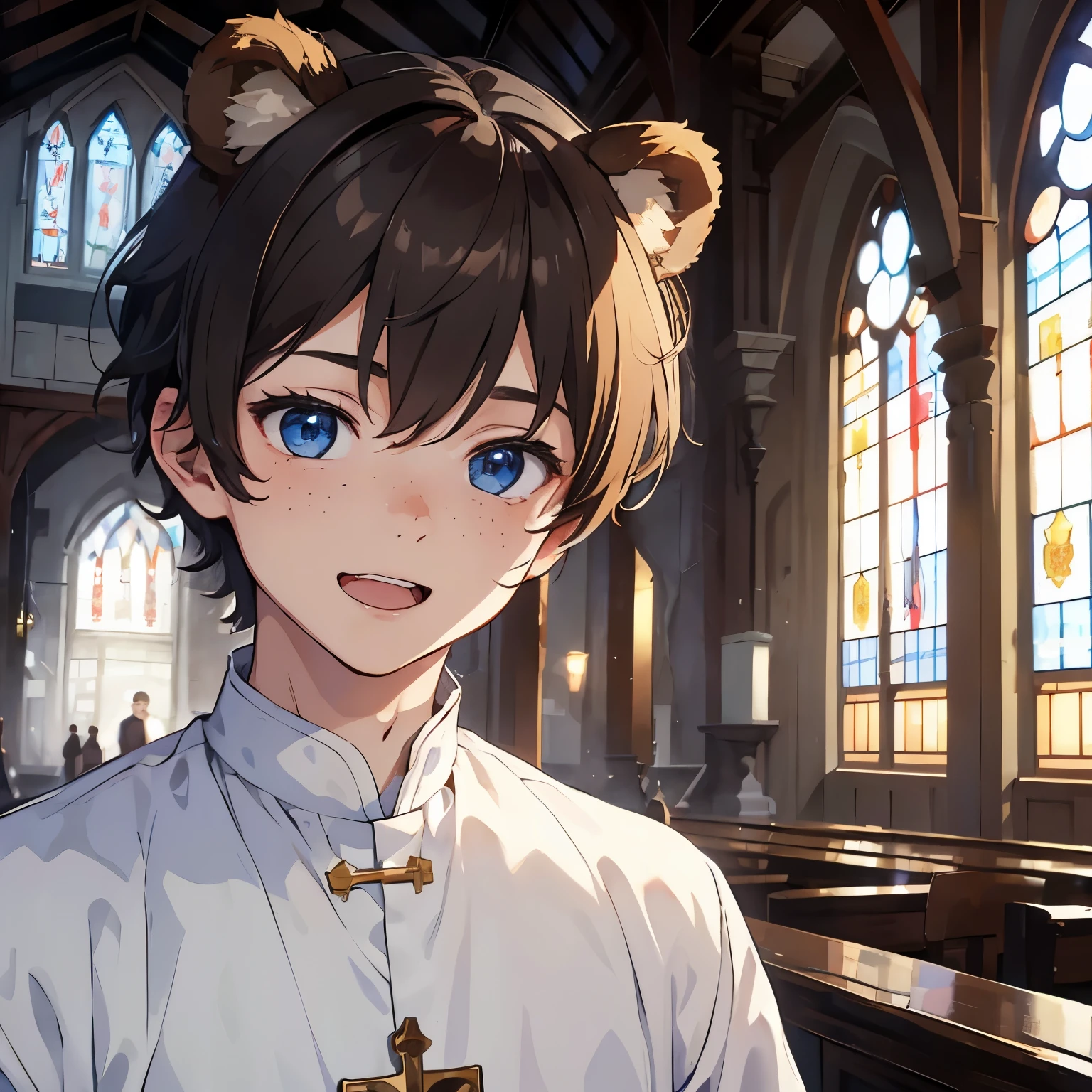 (masterpiece), 1boy, solo male, best quality, expressive eyes, perfect face, (sfw), best quality, kemonomimi, bear ears, animal ears, brown hair, short hair, messy_hair, blue eyes BREAK freckles, (, young boy), priest, white outfit, smile, open mouth, church, indoors, 