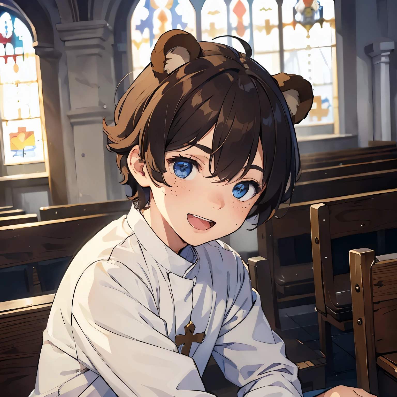 (masterpiece), 1boy, solo male, best quality, expressive eyes, perfect face, (sfw), best quality, kemonomimi, bear ears, animal ears, brown hair, short hair, messy_hair, blue eyes BREAK freckles, (little boy, young boy), priest, white outfit, smile, open mouth, church, indoors,