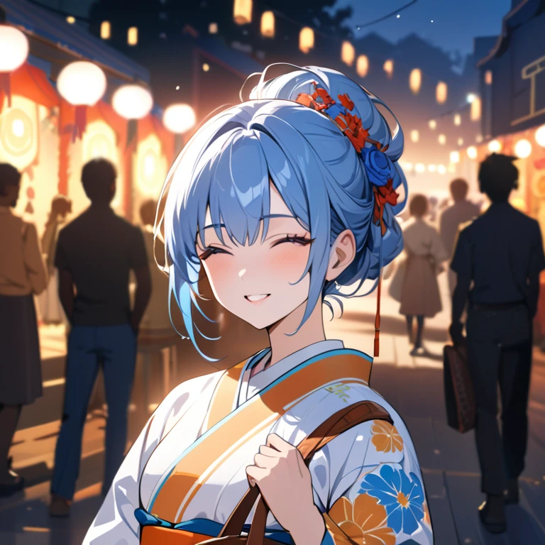 (best quality,8k,highres, masterpiece:1.2), (anime style),ultra-detailed, HDR, UHD, studio lighting, ultra-fine painting, sharp focus, physically-based rendering, extreme detail description, professional, vivid colors, bokeh, portraits, concept artists, warm color palette, dramatic lighting,Summer festival night,1 beautiful woman,(blue flower pattern kimono),updo, big smile, closed eyes, (The cityscape lined with the fairs of summer festivals),(beautiful hair, glowing skin,),(Silhouette of a passing crowd),(fireworks in sky background),Holding a Hermès Kelly Bag