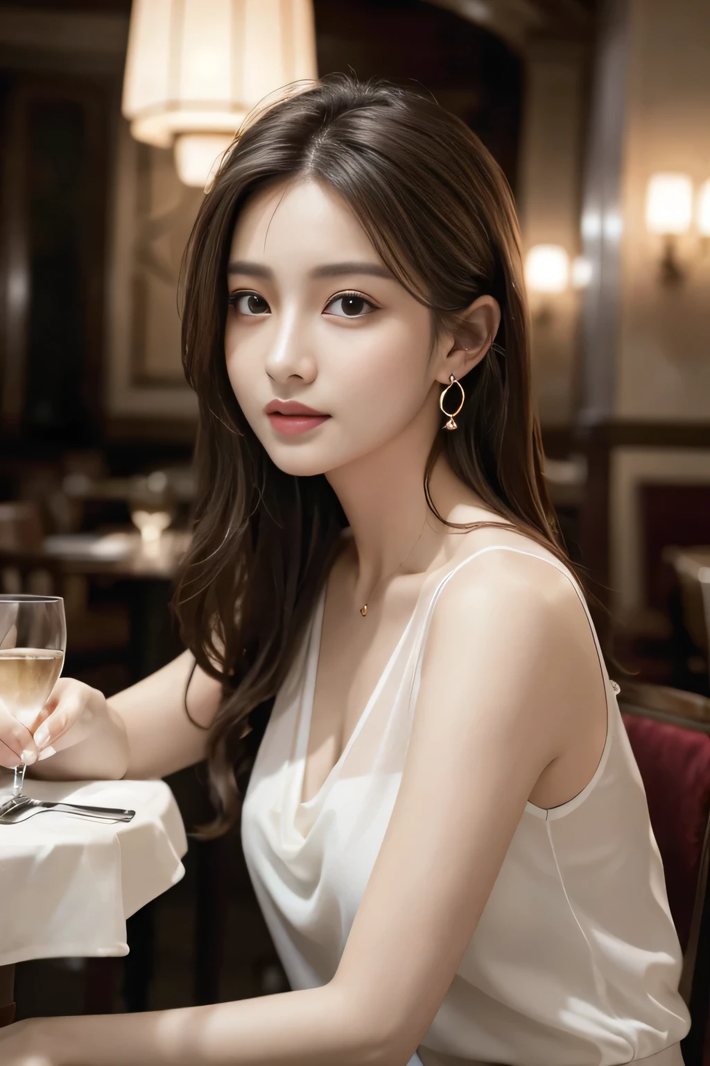 masterpiece, Highest quality, Realistic, Very detailed, Finer details, High resolution, 8k wallpaper, One beautiful woman, Wear an elegant white see-through shirt, In a great restaurant, At night, Light brown messy hair, Perfect dynamic composition, Beautiful and beautiful eyes、Big earrings、Sit on a chair、Sleeveless shirt、