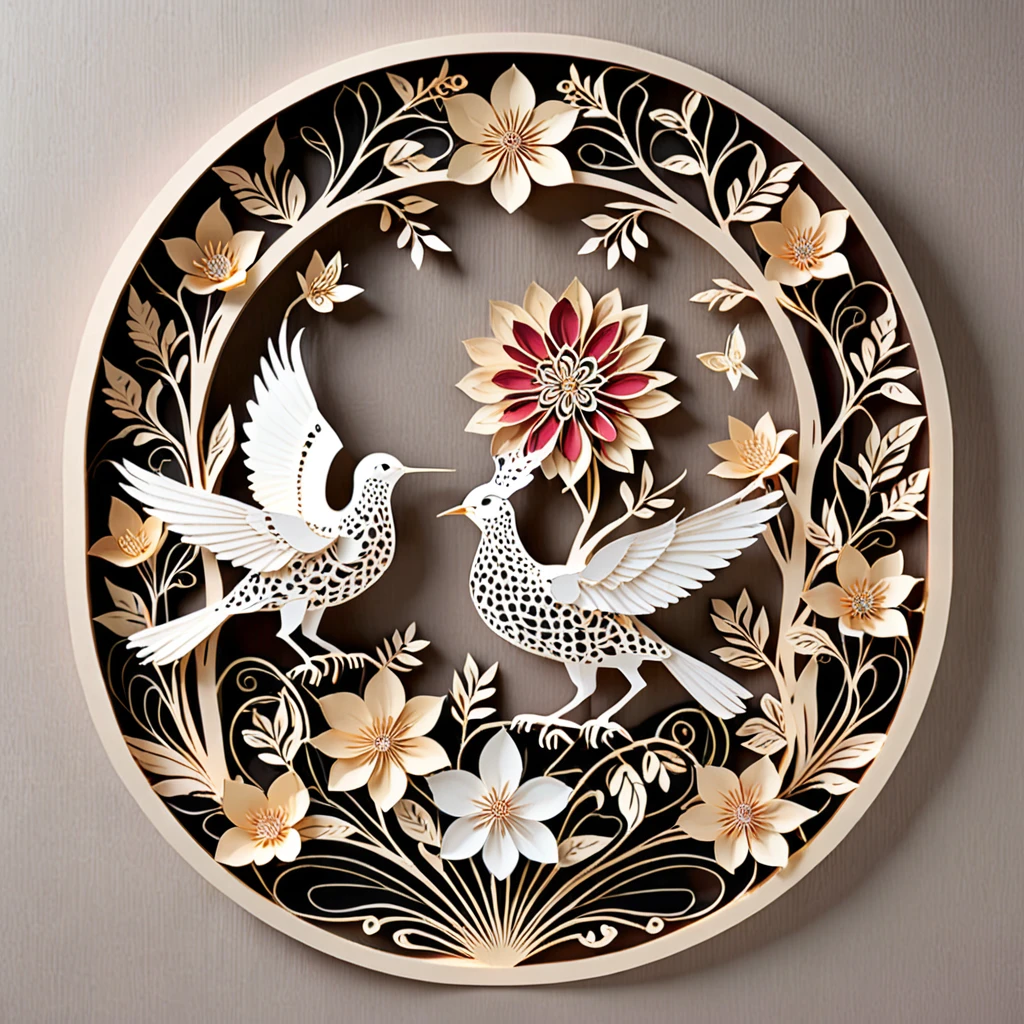 Create a detailed paper cutout artwork depicting a scene that combines intricate patterns with various flowers. The scene should include a harmonious blend of elaborate, decorative patterns interwoven with different types of flowers such as roses, lilies, and cherry blossoms. The patterns should enhance and complement the shapes and colors of the flowers, creating a seamless integration between the floral elements and the abstract designs. The artwork should evoke a sense of beauty and intricacy, highlighting the elegance and charm of both the patterns and the flowers. The overall mood should be artistic and enchanting, capturing the delicate beauty of nature through detailed design.