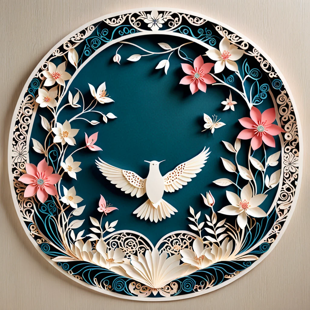 Create a detailed paper cutout artwork depicting a scene that combines intricate patterns with various flowers. The scene should include a harmonious blend of elaborate, decorative patterns interwoven with different types of flowers such as roses, lilies, and cherry blossoms. The patterns should enhance and complement the shapes and colors of the flowers, creating a seamless integration between the floral elements and the abstract designs. The artwork should evoke a sense of beauty and intricacy, highlighting the elegance and charm of both the patterns and the flowers. The overall mood should be artistic and enchanting, capturing the delicate beauty of nature through detailed design.