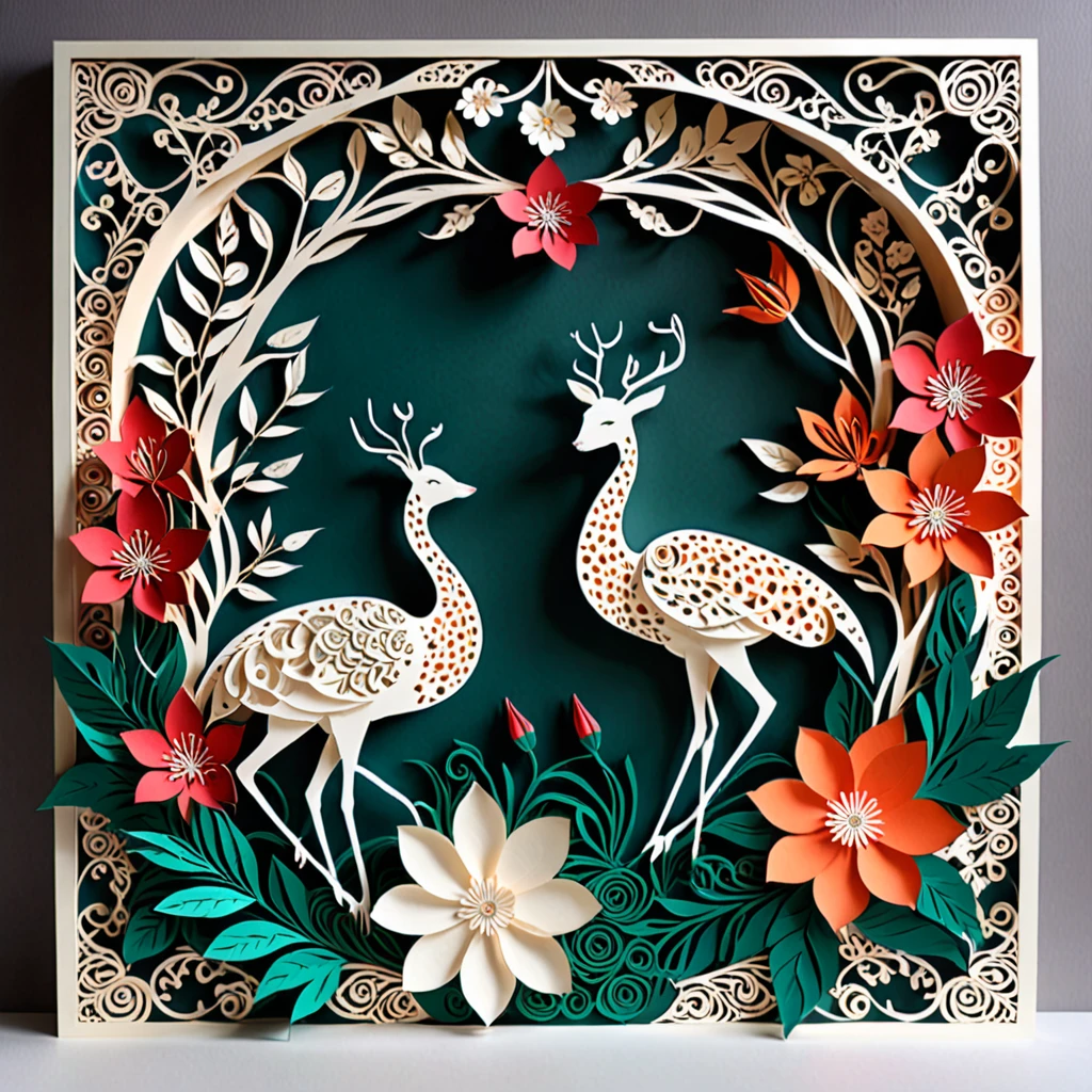 Create a detailed paper cutout artwork depicting a scene that combines intricate patterns with various flowers. The scene should include a harmonious blend of elaborate, decorative patterns interwoven with different types of flowers such as roses, lilies, and cherry blossoms. The patterns should enhance and complement the shapes and colors of the flowers, creating a seamless integration between the floral elements and the abstract designs. The artwork should evoke a sense of beauty and intricacy, highlighting the elegance and charm of both the patterns and the flowers. The overall mood should be artistic and enchanting, capturing the delicate beauty of nature through detailed design.