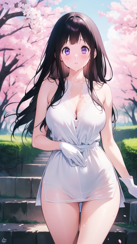 Amazing Chitanda, There is only one beautiful girl,Purple Eyes, Black Hair, Very red face,Very white skin,Glowing skin,Skin as delicate as porcelain,Naturally straight hair, Straight bangs,Extremely refined,Open lips,Long flowing hair,Beautiful Girl, Like a dream,Slim,Slim waist,Soft, (Sensual), (Kawaii), Dream quality,Beautiful big breasts,Transparent loose school uniform,Areola,Completely naked,Lower edge of breast,White gloves,Flower decoration,Deep V neckline,Loose neckline,Lace-up,Wide neckline,Walking in school,Place your hands on your inner thighs,Thighs clamp hands,Wet skin,Sweaty and sweaty,Sweating all over,Underwear Rain,Next to the cherry blossom trees,Back to,Lean over,Hips,Side body,Gluteal groove,Completely naked的臀部,Bare back,Completely naked的背部,Light transmission,(no pants),nopan,pussy juice,Bare shoulders,Bare neck,Exposed collarbone,Exposing breasts,Exposing breasts侧面,Exposing breasts下面,Show your waist,Show your buttocks,Show your thighs,Exposing the groin,(No pants),extremely shy,Ultra-high resolution, (masterpiece:1.2, best quality), (Delicate and beautiful eyes: 1.2), (Beautiful and delicate face)