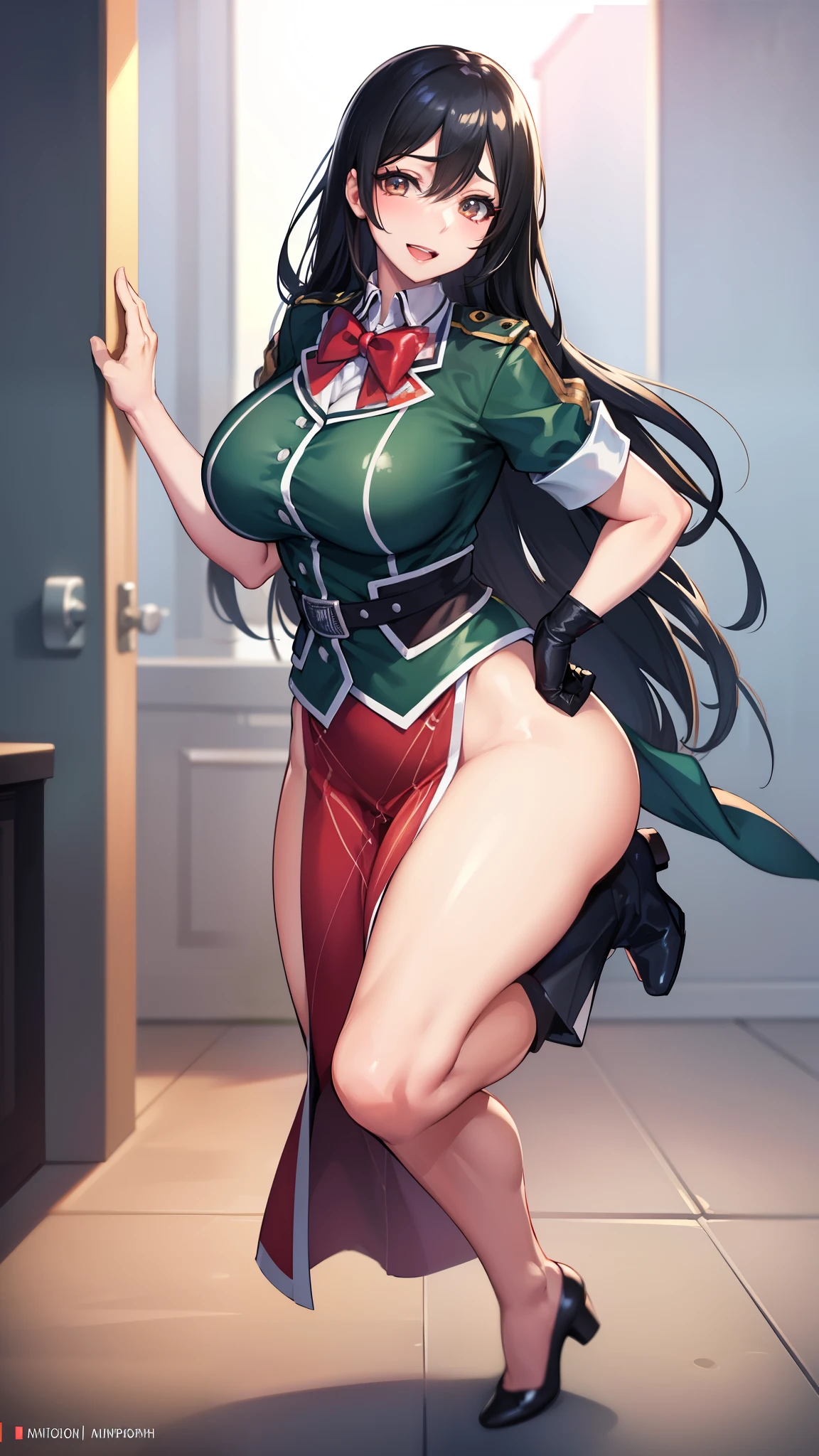 ,Huge breasts, Wide Hips, Shiny body, Shiny skin, expensive,Open your mouth ,View Viewer ,smile,Open your mouth ,Bright glossy screen,,black hair,,open mouth, ,,huge breasts,,narrow waist, , eyelashes, eyeshadow, lips,, 8k, hdr, raytracing,long hair, chikumaKC, single elbow glove, single glove, pelvic curtain, military uniform, military, puffy short sleeves, red bow, uniform, bowtie, puffy sleeves, short sleeves, jacket, bow, gloves, shirt, solo, milf,hands on hip,,full body