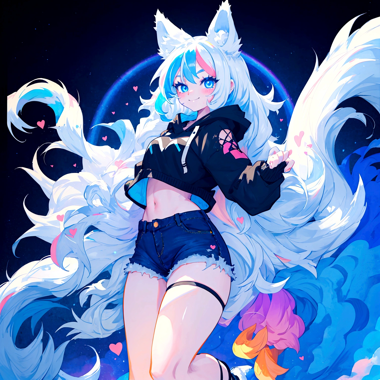 a cute adult male with wolf ears, long white hair, long locks, has a wolf tail, wearing a loose cropped black hoodie, wearing a pair of denim short shorts and fishnet stockings, thick thighs, wide hips, dancing on a mound of fluffy multi colored kawaii plushies, short, very slim, showing slender tummy, heart on hoodie, squishy thighs, has glowing blue eyes. alone, solo (ALONE)(SOLO), surrounded by rainbows, colorful galaxy backround, smiling