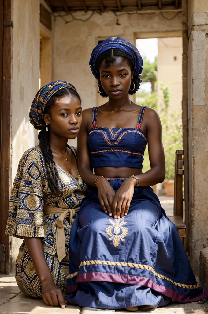 Illustration d'un jeune garçon africain, Soundiata Keïta, assis à côté de sa mère, Sogolon Kondé. La mère, une femme noble d'Afrique de l'Ouest, le soutient avec tendresse et encouragement. Le jeune garçon, bien que physiquement handicapé, montre une détermination visible dans ses yeux. Les deux sont habillés en vêtements traditionnels mandingues, avec des motifs colorés et des bijoux tribaux.