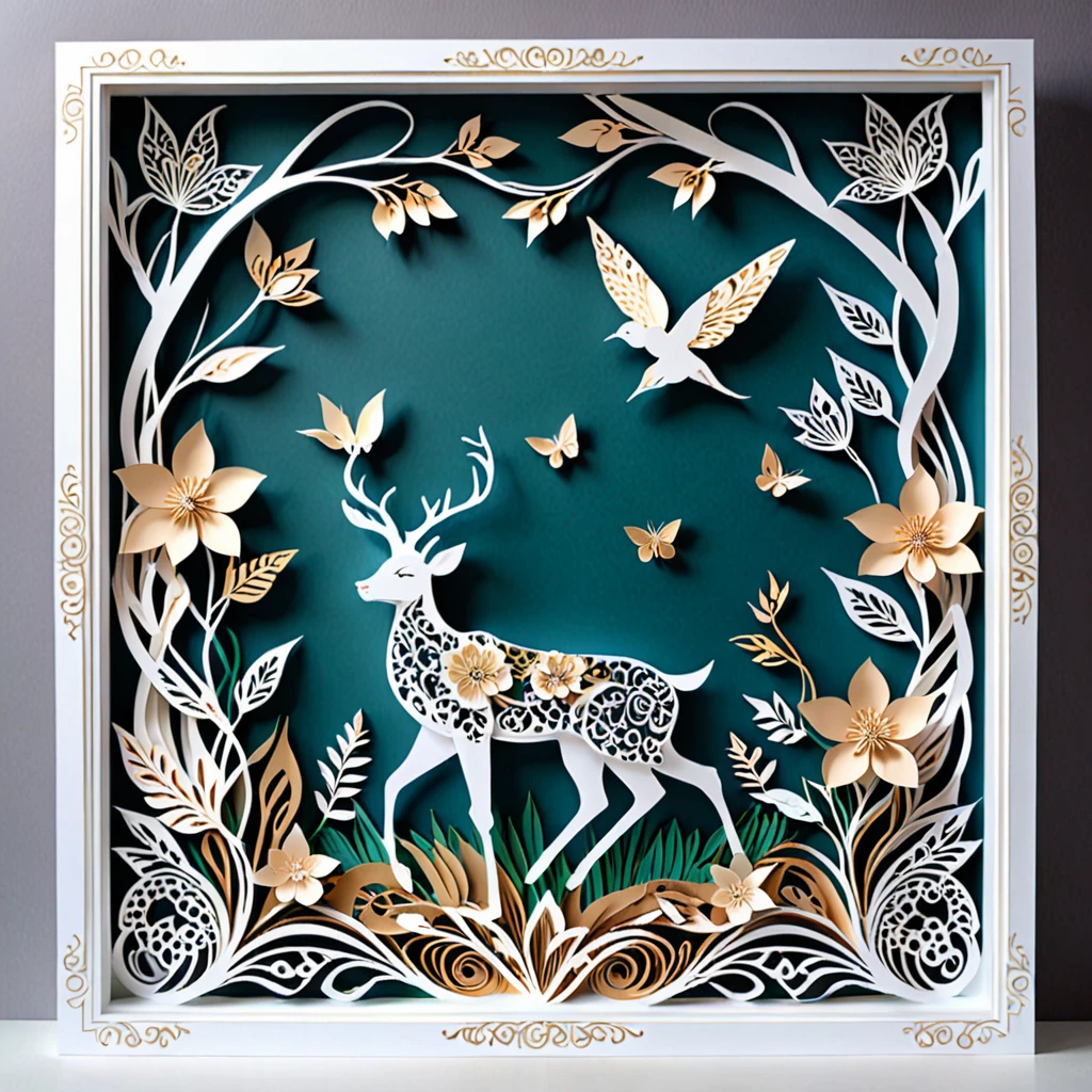 Create a detailed paper cutout artwork depicting a scene that combines intricate patterns with various flowers. The scene should include a harmonious blend of elaborate, decorative patterns interwoven with different types of flowers such as roses, lilies, and cherry blossoms. The patterns should enhance and complement the shapes and colors of the flowers, creating a seamless integration between the floral elements and the abstract designs. The artwork should evoke a sense of beauty and intricacy, highlighting the elegance and charm of both the patterns and the flowers. The overall mood should be artistic and enchanting, capturing the delicate beauty of nature through detailed design.