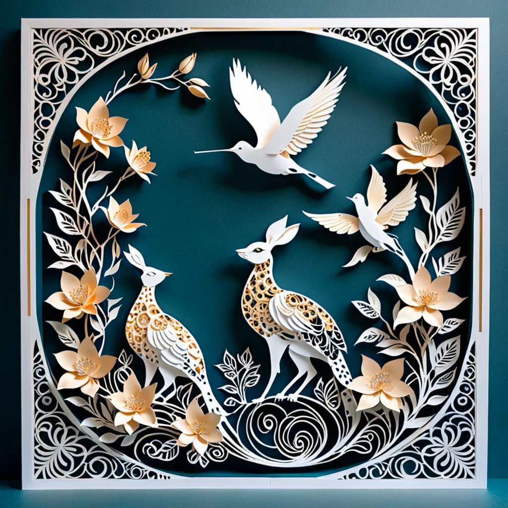 Create a detailed paper cutout artwork depicting a scene that combines intricate patterns with various flowers. The scene should include a harmonious blend of elaborate, decorative patterns interwoven with different types of flowers such as roses, lilies, and cherry blossoms. The patterns should enhance and complement the shapes and colors of the flowers, creating a seamless integration between the floral elements and the abstract designs. The artwork should evoke a sense of beauty and intricacy, highlighting the elegance and charm of both the patterns and the flowers. The overall mood should be artistic and enchanting, capturing the delicate beauty of nature through detailed design.