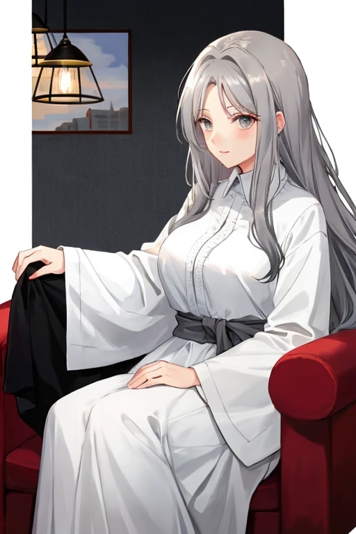 beautiful older woman with long grey hair and dark grey eyes