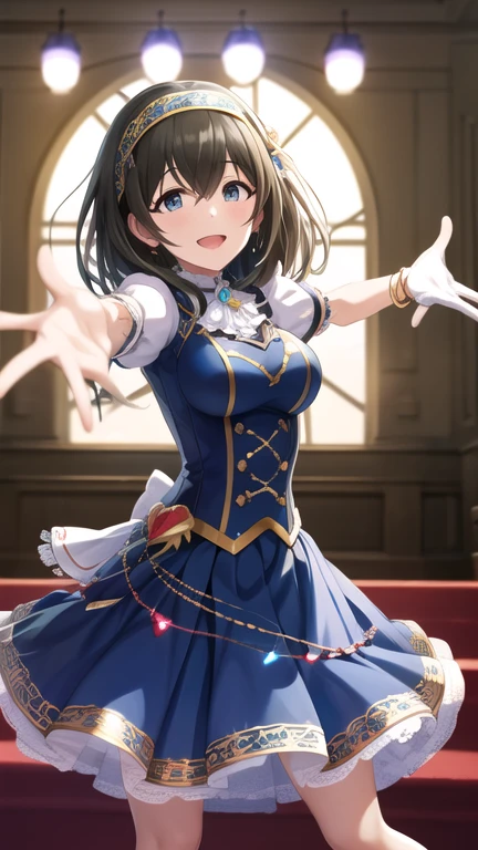 masterpiece, best quality, highres, fffumika, idolmaster, long hair, hairband, blue dress, puffy short sleeves, bracelet, elbow gloves, white gloves, outstretched arms, smile, open mouth,