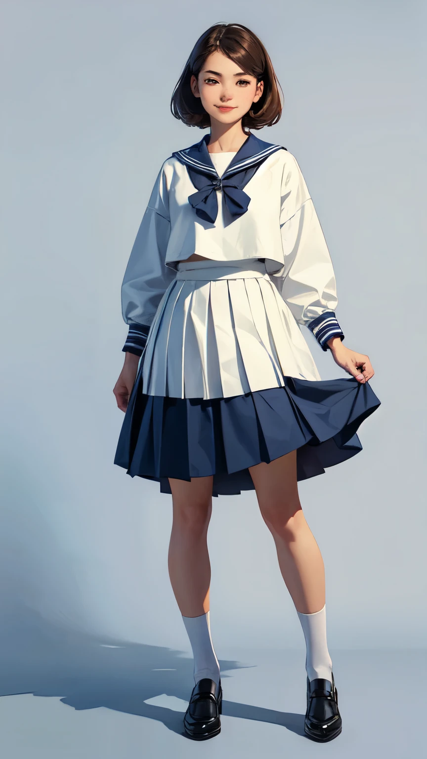 (1 Girl、alone、whole body、natural standing posture)、(whole body:1.4)、(Portraiture:1.2)、(Detailed facial depiction、A kind smile)、Short dark brown hair、White Sailor Suit、Navy blue sailor color、uniform、Long skirt、Pleated skirt、shoes、(Vintage、Classic)、(No background)、((White Background))、Blur the background、((Watercolor of singer Sargent))、Impressionist style painting、(Highest quality、masterpiece)、
