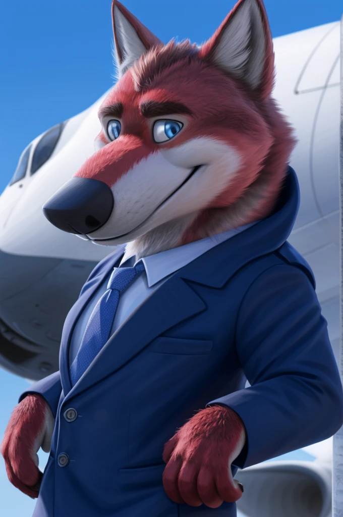 Ivan Fedorovich Wolfbach (Novosibirsk) ,tall handsome, wolf,young, 24 years, brown fur,Kind,(red body:1.3),beautiful blue eyes,Novosibirsk,dressed,civil aviation pilot uniform,White shirt,epaulets командира, черный tie, trousers,airline pilot, commander's cap, trousers,canine, wolf, detailed fur, male, second, paw pads, finger claws,At the viewer, 5 fingers, paws, 5 fingers, smile, wrist watch, т nextel,by xenoforge, (difficult, high detail, digital photography, soft focus, RAW,goes for a walk, ,Very close to the camera,airport,Novosibirsk, smile, good mood, positive, Very close to the camera, plaid shirt, At the hairdresser, without hair, epaulets captain,
Photorealism, realistic, photorealistic, digital style, Subsurface scattering,I look at the viewer,стоит White shirt, epaulets, captain, trousers, tie, next to a Boeing 747 400 plane, close to the camera, smile,
masterpiece, Best quality, ultra realistic, 8 thousand.)