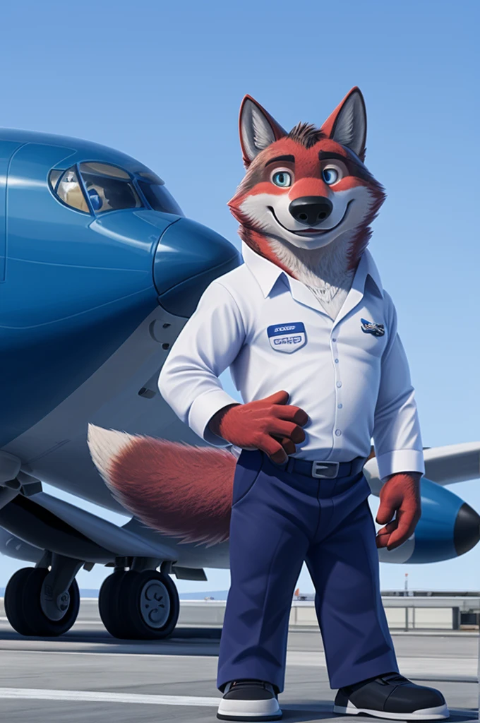 Ivan Fedorovich Wolfbach (Novosibirsk) ,tall handsome, wolf,young, 24 years, brown fur,Kind,(red body:1.3),beautiful blue eyes,Novosibirsk,dressed,civil aviation pilot uniform,White shirt,epaulets командира, черный tie, trousers,airline pilot, commander's cap, trousers,canine, wolf, detailed fur, male, second, paw pads, finger claws,At the viewer, 5 fingers, paws, 5 fingers, smile, wrist watch, т nextel,by xenoforge, (difficult, high detail, digital photography, soft focus, RAW,goes for a walk, ,Very close to the camera,airport,Novosibirsk, smile, good mood, positive, Very close to the camera, plaid shirt, At the hairdresser, without hair, epaulets captain,
Photorealism, realistic, photorealistic, digital style, Subsurface scattering,I look at the viewer,стоит White shirt, epaulets, captain, trousers, tie, next to a Boeing 747 400 plane, close to the camera, smile,
masterpiece, Best quality, ultra realistic, 8 thousand.)