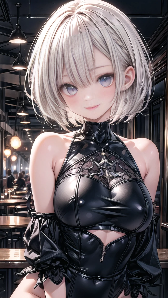 (Masterpiece, Best Quality, Photorealistic, High Resolution, 8K Raw), Smiling, Looking at Viewer, Upper Body, 1 Girl, Solo, Beautiful Young Girl, 18 Years Old, Short Hair, (White Hair, Bangs:1.3), big breasts, 2BHS, leotard, cafe background, detached sleeves, gloves, headdress, thighhighs, revealing clothes, posing, smile, Light, 2BHS