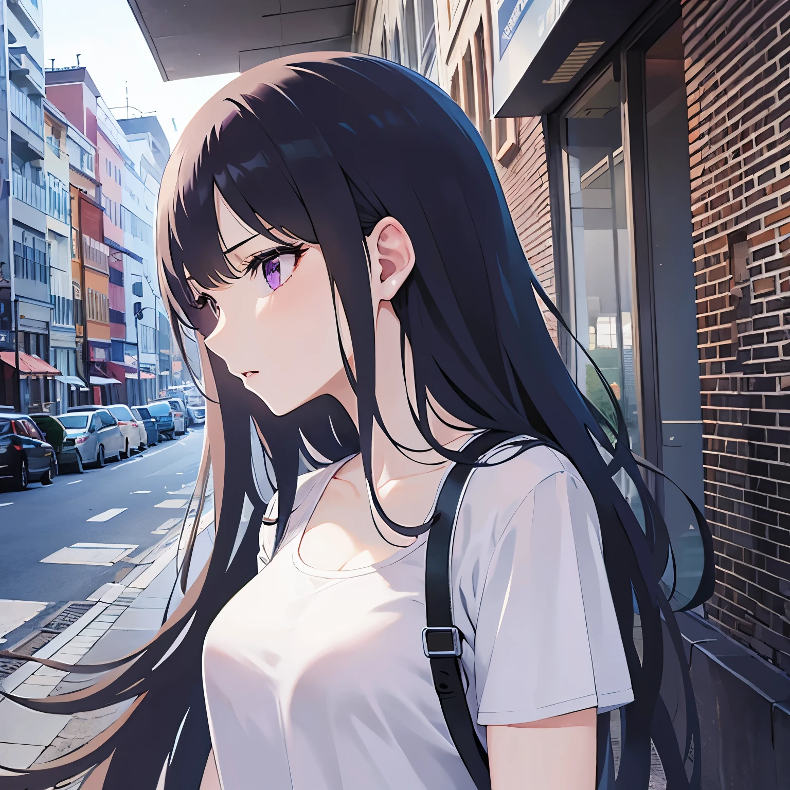 Detailed CG, Ultra-fine illustrations,masterpiece,highest quality, AW Photos,(Pale skin:1.2),Shiny skin Shiny Hair,(A 26-year-old woman with straight hair and bangs)and(Medium Hair)and(Black Hair)and(Purple eyes),BREAK(white) and (T-Shirts)and(long sleeve)BREAK,(angry:1.3),The background is the city,alone,profile,look down,alone