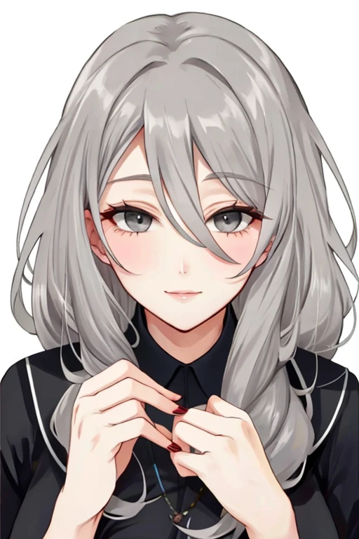 beautiful older woman with long grey hair and dark grey eyes
