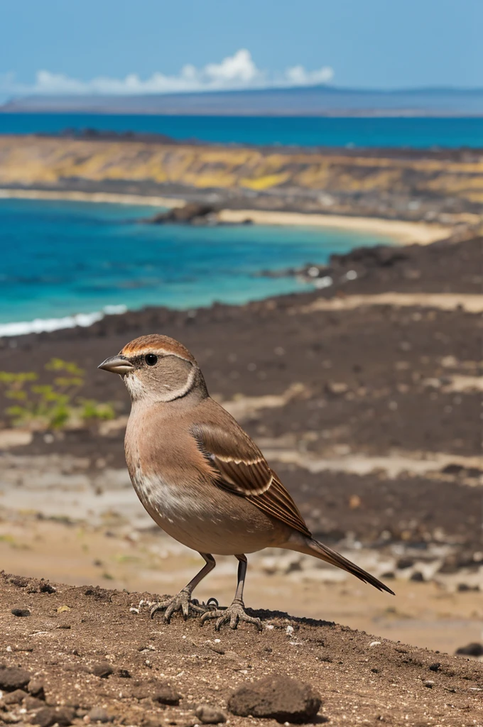 Galapagos dusky finch geospiza Fortis on dahpne island in Galapagos Ecuador in extreme drought time with sea view and a captus 