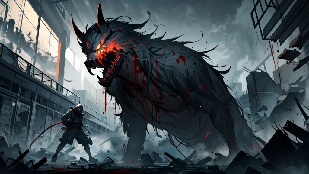 a demon slashes it's razor sharp claws through at the mall security guards, blood splattering as they fall - The scene is set in a destroyed shopping mall store, with blood, black fog, and smoke adding to the chaos. This chilling painting captures the horror and despair of the moment, with vivid details like terrified expressions and frantic movements of the victims. The high-quality image seamlessly blends elements of fear and destruction, immersing viewers in the harrowing narrative of a tragic event unfolding. A dynamic sequence draw art style influenced by japanese artists, niji, black outlines, ultra-detailed, 8k, dramatic lighting, cinematic, highly detailed face, elegant, intricate details, vibrant colors, dramatic shadows, hyper-realistic, masterpiece,