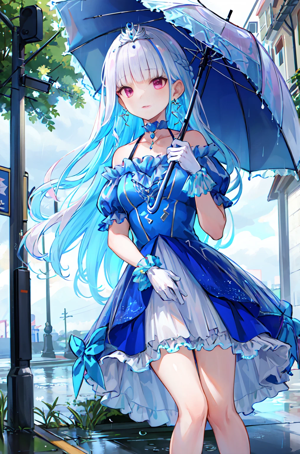 masterpiece, best quality, highres, lh1, long hair, tiara, blue dress, jewelry, white gloves, earrings, choker, frills, braid, puffy short sleeves, rainy, Raining, Umbrella, Puddle of water underfoot