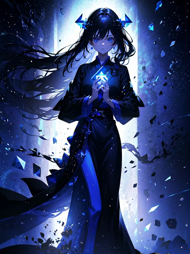 25-year-old girl、Rune background、black magician、Wearing a black robe、mesmerize、cute woman、Elegant hairstyle、indigo hair color、Slightly shorter hair、blue eyes、look at the viewer、masterpiece、Best image、