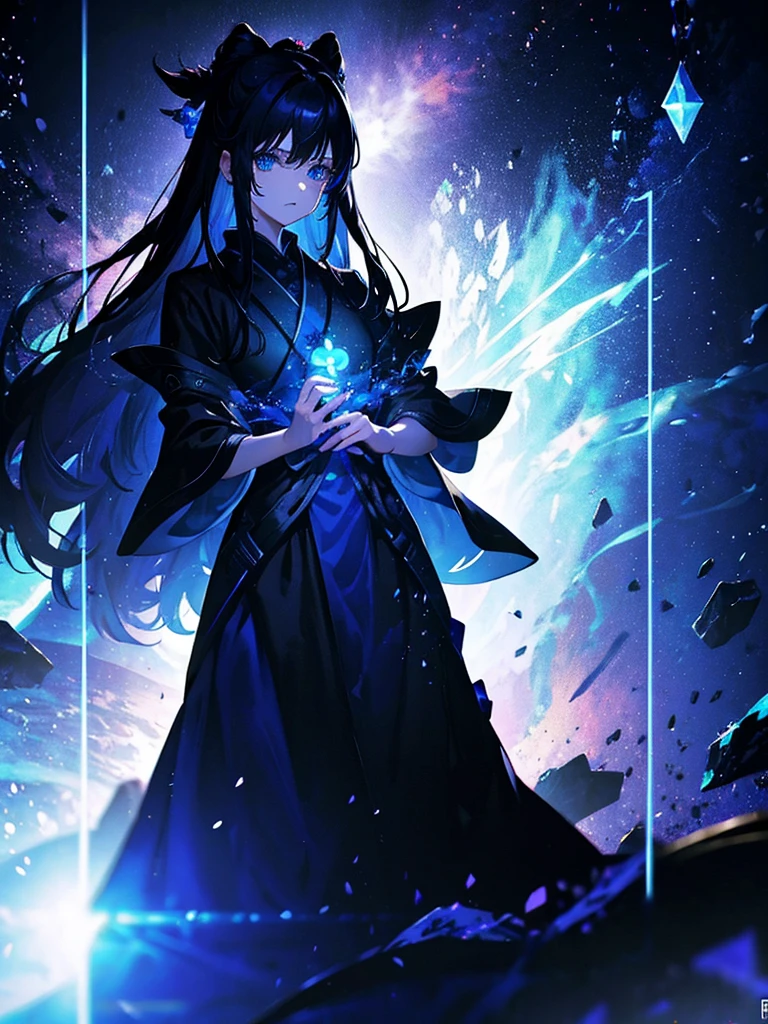 25-year-old girl、Rune background、black magician、Wearing a black robe、mesmerize、cute woman、Elegant hairstyle、indigo hair color、Slightly shorter hair、blue eyes、look at the viewer、masterpiece、Best image、