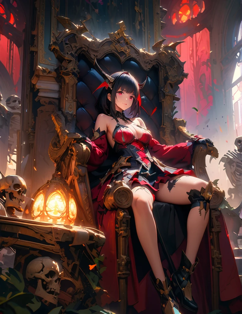 quality(8k wallpaper of extremely detailed CG unit, masterpiece, hight resolution, top-quality, top-quality ,hyper realisitic, digitial painting,increase the resolution,RAW photos,best qualtiy,highly detailed,the wallpaper),BREAK,8K, succubus qween, sitting on throne, skeleton troops, glowing runes on walls,