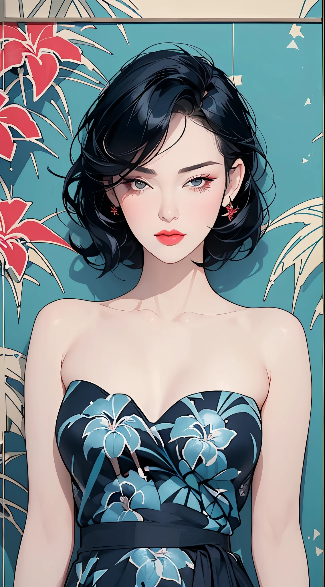a woman in a navy blue dress standing in front of flowers, ((Art style by Patrick Nagel)), ((8k, wallpaper, detailed)), dark sunglasses, korean popstar, short black hair, pretty hands, fringe, simple red background, palm trees, (graffiti wall:1.2), strong, courageous, art by Patrick Nagel