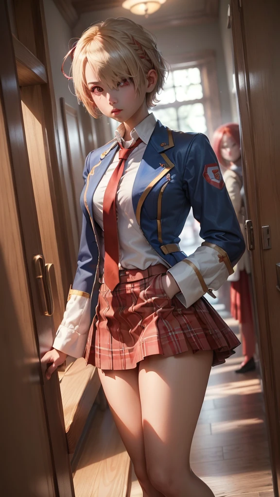 ((masterpiece))、(((Highest quality)))、((Super detailed)),(((Adult women)))、(Blonde Short Hair)、(Barrette)、(((Hair on one eye)))、(((Hide one eye with hair)))、(((Red eyes)))、(Blue blazer)、White shirt、Red tie、Brown plaid skirt、Mao Sen Moon Song、