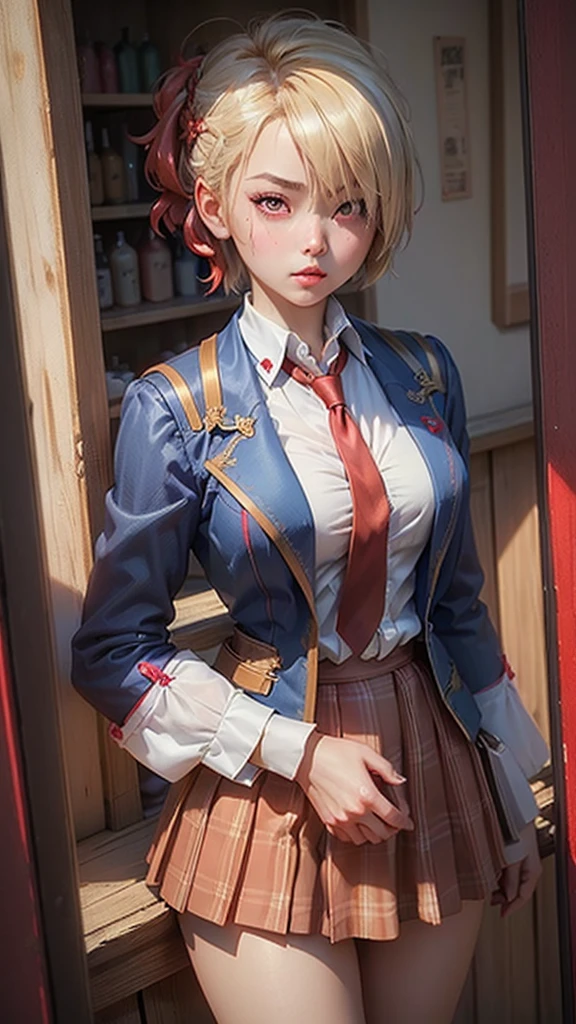((masterpiece))、(((Highest quality)))、((Super detailed)),(((Adult women)))、(Blonde Short Hair)、(Barrette)、(((Hair on one eye)))、(((Hide one eye with hair)))、(((Red eyes)))、(Blue blazer)、White shirt、Red tie、Brown plaid skirt、Mao Sen Moon Song、
