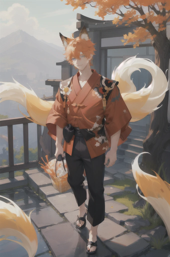 1boy,orange hair,freckles,freckles body,eyelashes,short hair,blue eyes,smirk,hair between eyes,red_shirt,animal ear fluff,animal ears,fox ears,blue gold_print_kimono,chinese_style,(outdoors:1.2),flowers,Kitsune,Cute Ukiyo-e,cityscape,ginko trees,