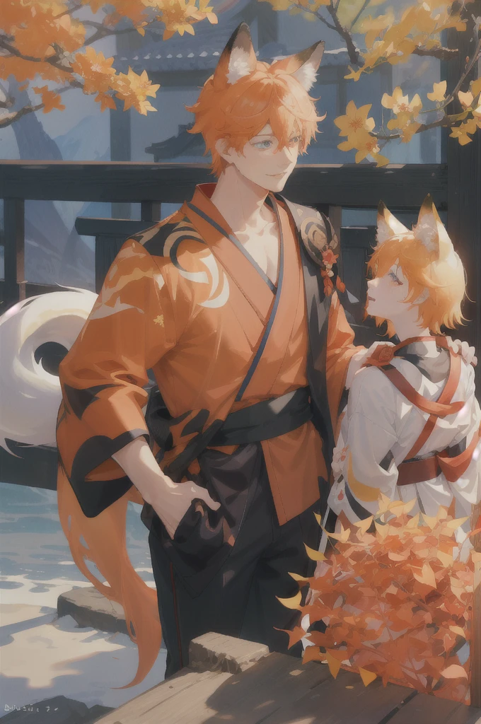 1boy,orange hair,freckles,freckles body,eyelashes,short hair,blue eyes,smirk,hair between eyes,red_shirt,animal ear fluff,animal ears,fox ears,blue gold_print_kimono,chinese_style,(outdoors:1.2),flowers,Kitsune,Cute Ukiyo-e,cityscape,ginko trees,