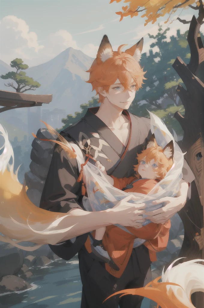 1boy,orange hair,freckles,freckles body,eyelashes,short hair,blue eyes,smirk,hair between eyes,red_shirt,animal ear fluff,animal ears,fox ears,blue gold_print_kimono,chinese_style,(outdoors:1.2),flowers,Kitsune,Cute Ukiyo-e,cityscape,ginko trees,