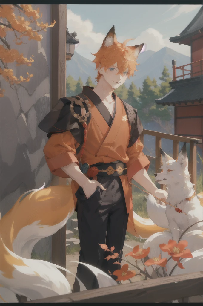 1boy,orange hair,freckles,freckles body,eyelashes,short hair,blue eyes,smirk,hair between eyes,red_shirt,animal ear fluff,animal ears,fox ears,blue gold_print_kimono,chinese_style,(outdoors:1.2),flowers,Kitsune,Cute Ukiyo-e,cityscape,ginko trees,