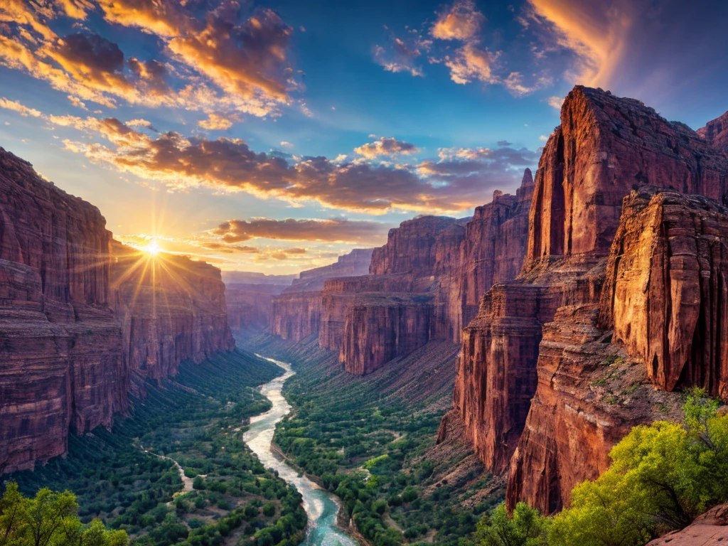 River View, flowing through the valley, Against the background of the mountain, Sunset in the valley, mountains river trees, Green River Photos, stunning landscape image, Landscapes of the American West, mystical setting, Mysterious canyon streams, Stunning landscape, mountains and rivers, 4K безмятежный, Mark Adams, canyon background, Scott Gustafson, Magnificent landscapes,HDR,8k render.extrarealistic landscape