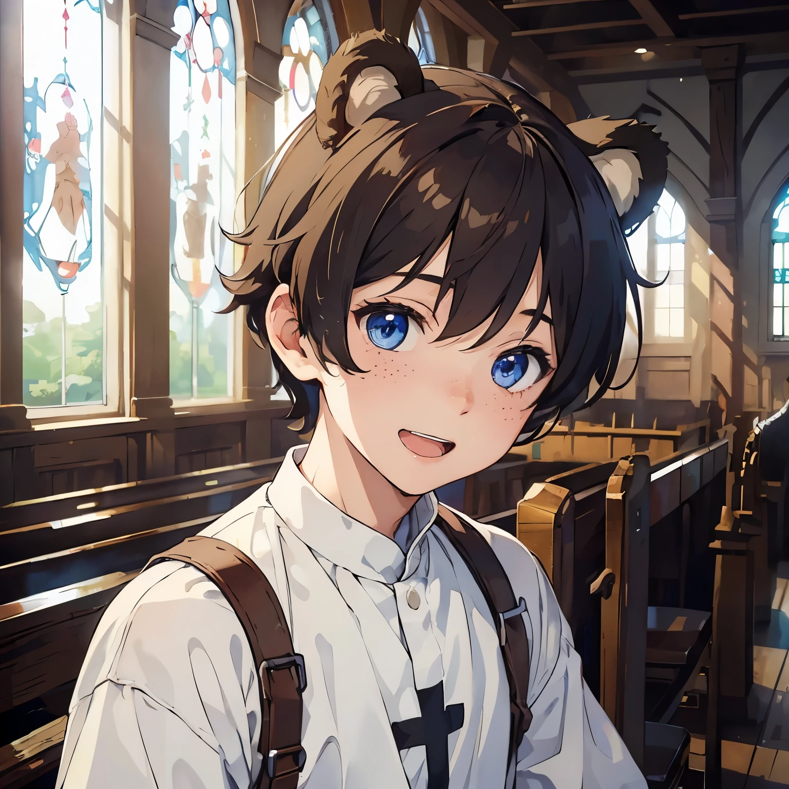 (masterpiece), 1boy, solo male, best quality, expressive eyes, perfect face, (sfw), best quality, kemonomimi, bear ears, animal ears, brown hair, short hair, messy_hair, blue eyes BREAK freckles, (, young boy), priest, white outfit, smile, open mouth, church, indoors, 