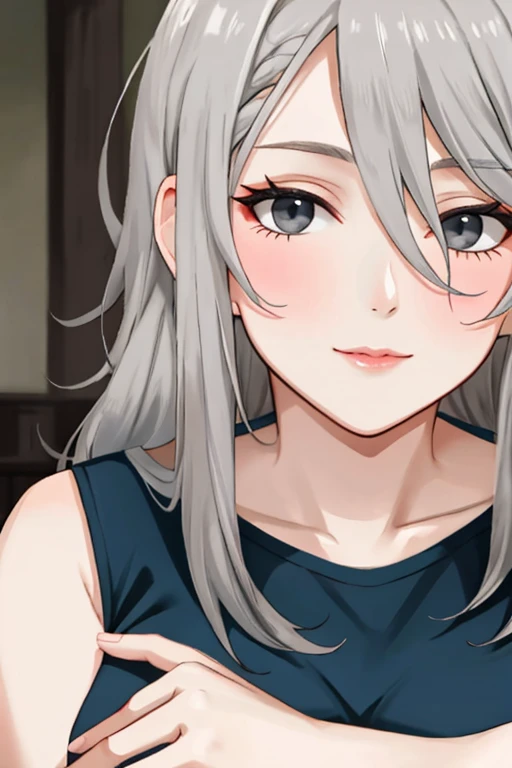 beautiful older woman with long grey hair and dark grey eyes