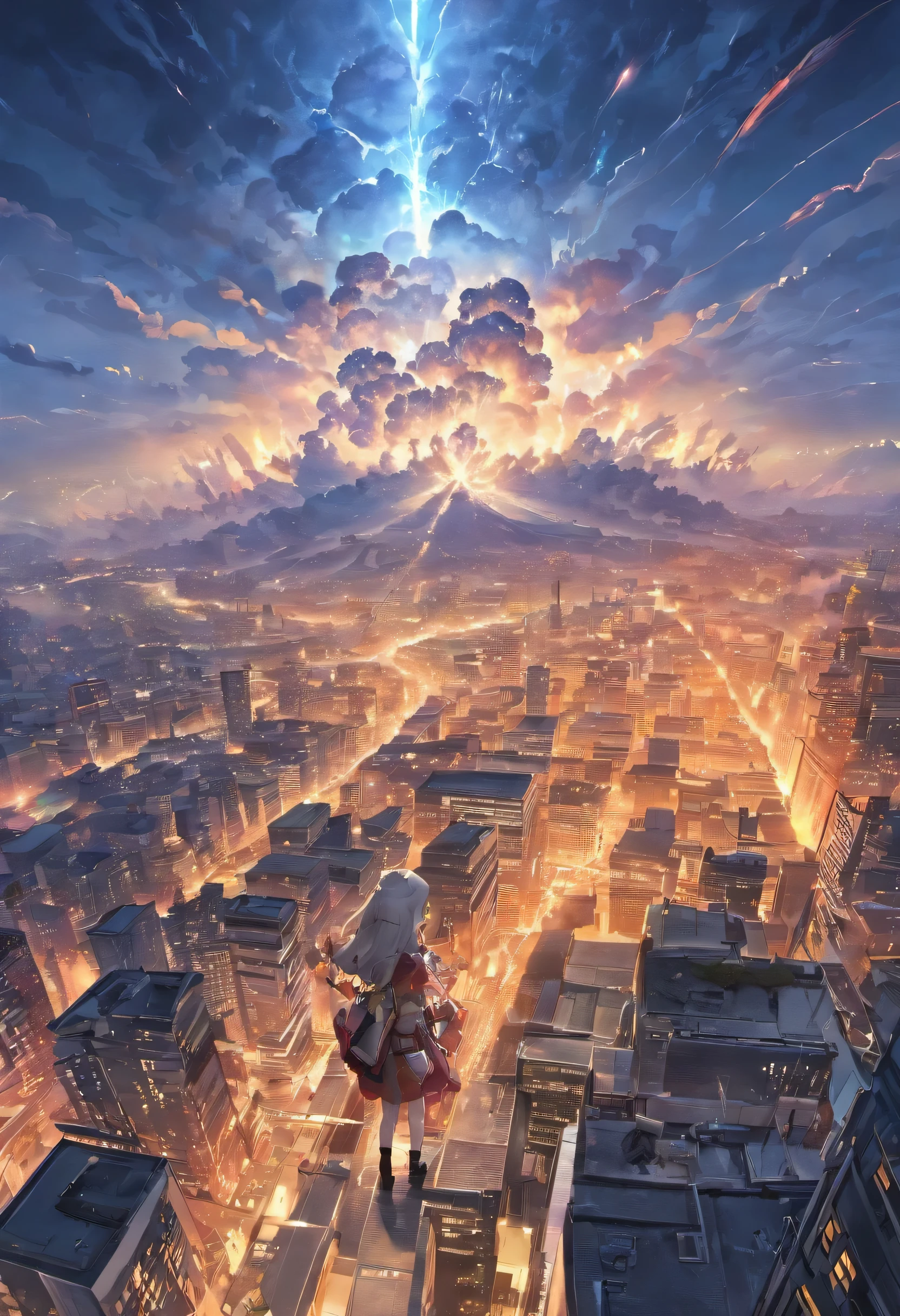This description depicts a distant atomic explosion over a city, vue depuis une falaise. It creates an impressive cloud of black and grey mushrooms. The scene is breathtaking, with landscapes of striking reality, des textures authentiques, Ultra-high-definition resolution, Stunning photos captured by professional cameras, un rendu octane, volumetric lighting, et elle est le fruit d'artistes mondialement reconnus. These creations are award-winning masterpieces,absence de personnages humains.