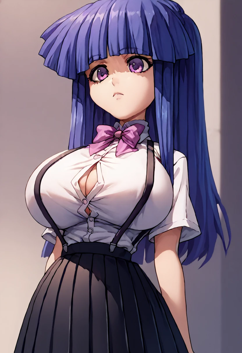 score_9, score_8_up, score_7_up, 1girl, solo, masterpiece, best quality, detailed, narrow waist, wide hips, huge breasts, huge ass, furude rika, blue hair, purple eyes, white shirt, pink bow, suspenders, black skirt, button gap, bursting breasts, pleated skirt, 